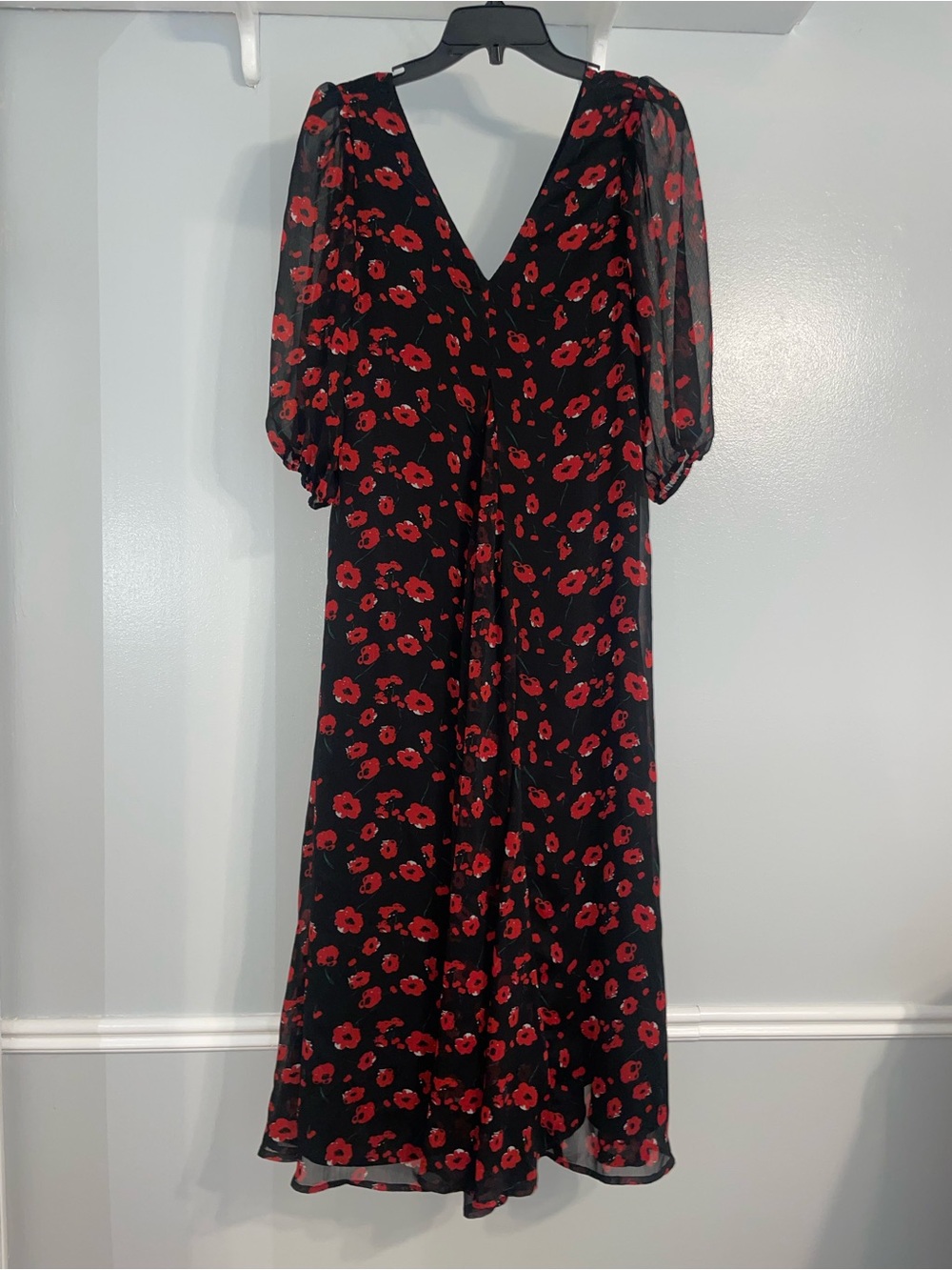 Melloday Black Red Floral V-Neck Chiffon Flowy Maxi Poppy Dress Small